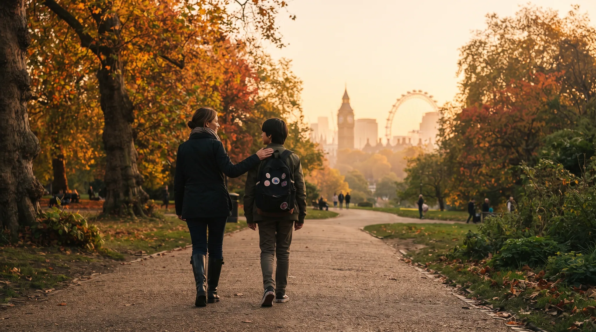 Londra'da bir parkta yürüyen anne ve oğlu